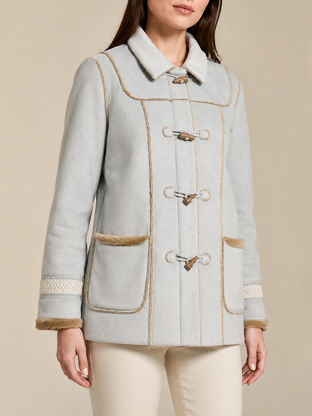 Avery & Co Faux Suede Toggle Coat Womens M Blue Brown Faux Fur Lining Warm Y2K
